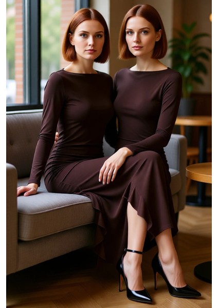 Kadın Bodycon Kayık Yaka Eteği Fırfırlı Uzun Kollu Maxi Boy Örme Elbise Şık ve Zarif Görünüm fiyatları