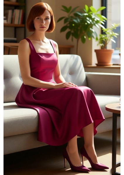 Kadın Abiye Kokteyl Elbisesi Skater Kalıp Kare Yaka Kalın Askılı Midi Dokuma Saten Şık Kaliteli