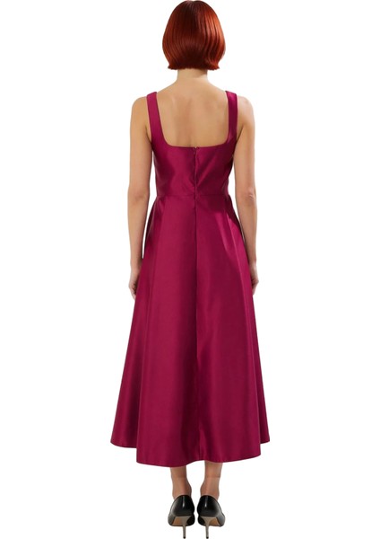 Kadın Abiye Kokteyl Elbisesi Skater Kalıp Kare Yaka Kalın Askılı Midi Dokuma Saten Şık Kaliteli modelleri