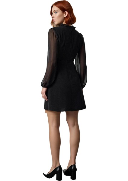 Kadın Ekru Dokuma Tüvit Skater Mini Elbise Dik Yaka Balon Kol Detaylı Günlük Şık Giyim Kaliteli fırsatları