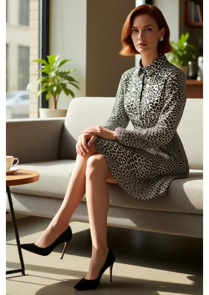 Kadın Gömlek Elbise Animal Desenli Kuşaklı Balon Kol Mini Viskoz Dokuma Modern Şıklık fiyatları