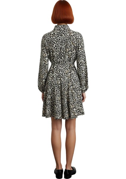 Kadın Gömlek Elbise Animal Desenli Kuşaklı Balon Kol Mini Viskoz Dokuma Modern Şıklık fırsatları