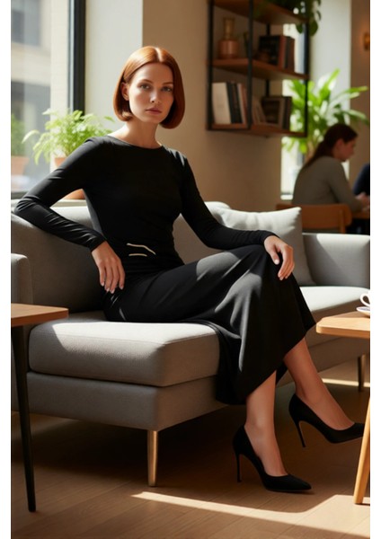 Kadın Aksesuar Detaylı Uzun Kollu Bodycon Maxi Örme Elbise Şık Kış Koleksiyonu Özel Anlara Hazır fiyatları