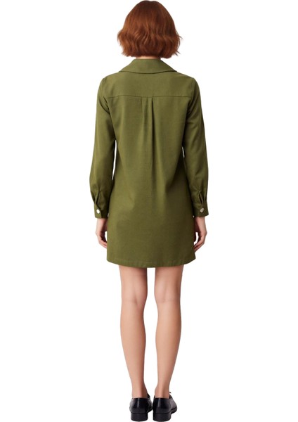 Kadın Haki Bağlama Detaylı %100 Pamuk Gömlek Yaka Uzun Kollu Mini Elbise Şık Kış Kombinleri fırsatları