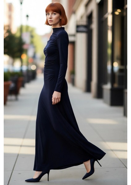 Kadın Lacivert Bodycon Dik Yaka Uzun Kollu Büzgülü Maxi Elbise Modern Şık Esnek Örme Tasarım