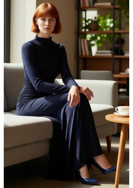 Kadın Lacivert Bodycon Dik Yaka Uzun Kollu Büzgülü Maxi Elbise Modern Şık Esnek Örme Tasarım fiyatları
