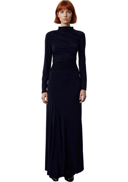 Kadın Lacivert Bodycon Dik Yaka Uzun Kollu Büzgülü Maxi Elbise Modern Şık Esnek Örme Tasarım modelleri