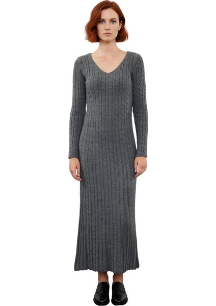 Kadın V Yaka Uzun Kollu A Line Triko Elbise Saç Örgü Desenli Maxi Boy Kışlık Günlük Şıklık ve fiyatları