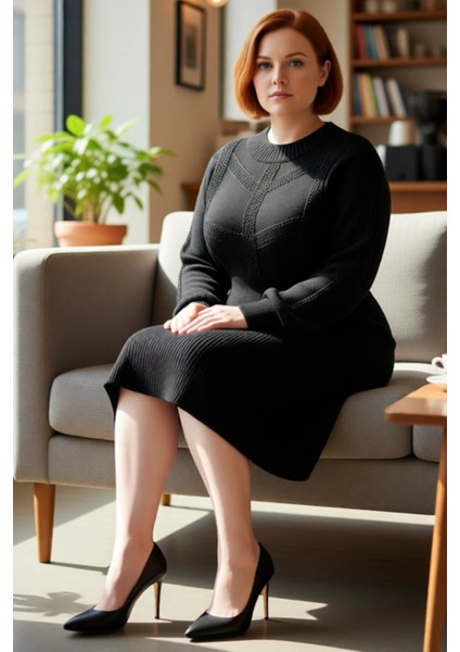 Kadın Oversize Skater Midi Boy Triko Elbise Örgü Detaylı Bisiklet Yaka Uzun Kollu Rahat Kışlık Stil fiyatları