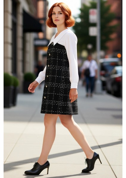Kadın Büyük Beden Siyah Ekose Tüvit Mini Elbise Gömlek Yaka Katmanlı Kış Şıklığı Için Ideal
