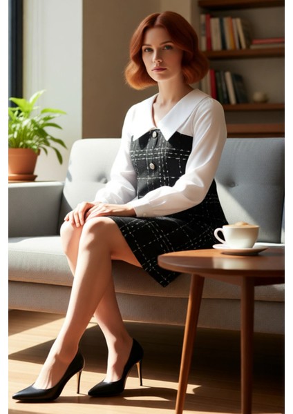 Kadın Büyük Beden Siyah Ekose Tüvit Mini Elbise Gömlek Yaka Katmanlı Kış Şıklığı Için Ideal fiyatları