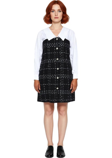 Kadın Büyük Beden Siyah Ekose Tüvit Mini Elbise Gömlek Yaka Katmanlı Kış Şıklığı Için Ideal modelleri