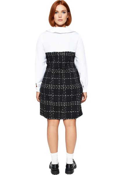 Kadın Büyük Beden Siyah Ekose Tüvit Mini Elbise Gömlek Yaka Katmanlı Kış Şıklığı Için Ideal fırsatları