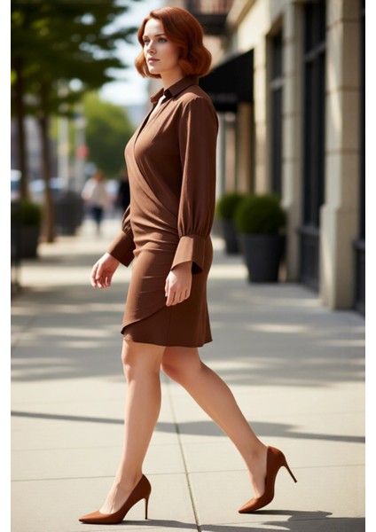 Kadınlar Için Kruvaze Dokuma Mini Elbise Standart Kol Uzun Kollu Şık Kahverengi Düz