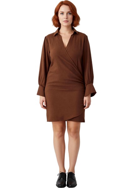 Kadınlar Için Kruvaze Dokuma Mini Elbise Standart Kol Uzun Kollu Şık Kahverengi Düz modelleri