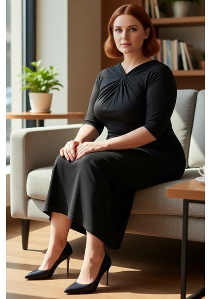 Kadın Büyük Beden Siyah Düz Desen Düğüm Detaylı Asimetrik Yaka Maxi Boy Örme Elbise Rahat Şık fiyatları