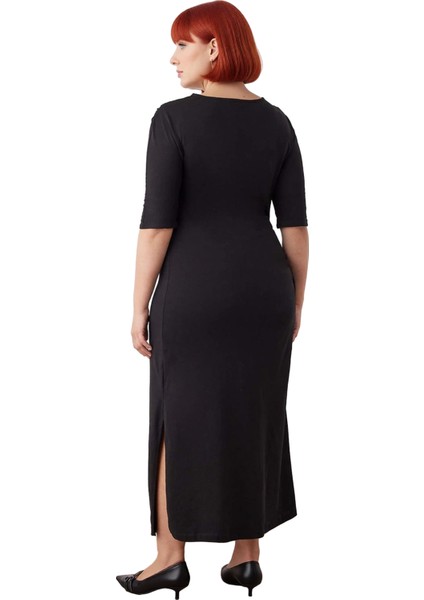 Kadın Büyük Beden Siyah Düz Desen Düğüm Detaylı Asimetrik Yaka Maxi Boy Örme Elbise Rahat Şık fırsatları