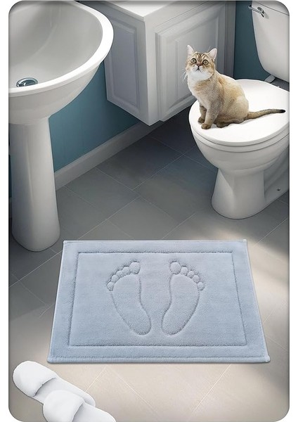 %100 Pamuk Dokuma Su Emici Banyo Paspası Ayak Desen 60X40 cm (Gri)