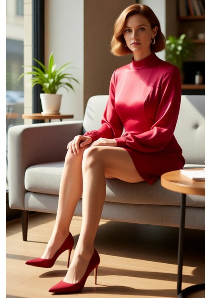 Kadın A Kesim Mini Elbise Dik Yaka Balon Kol Tasarımıyla Şık Dokuma Kışlık Kombinlerinize Kaliteli fiyatları