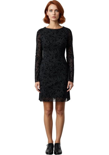 Kadınlar Için Siyah Flok Baskılı Bodycon Mini Örme Elbise Ispanyol Kol Kayık Yaka Tasarımı modelleri