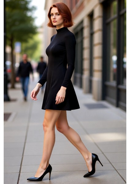 Kadınlar Için Skater Kalıp Dik Yaka Uzun Kollu Düz Örme Mini Elbise Kış Kombinleri Şık ve Rahat