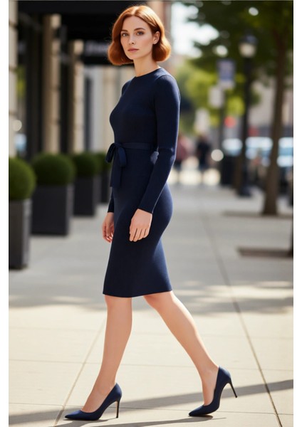 Kadın Kuşaklı Bodycon Triko Midi Elbise Bisiklet Yaka Uzun Standart Kollu Şık Ilkbahar Sonbahar