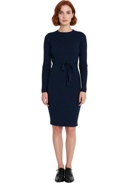 Kadın Kuşaklı Bodycon Triko Midi Elbise Bisiklet Yaka Uzun Standart Kollu Şık Ilkbahar Sonbahar modelleri