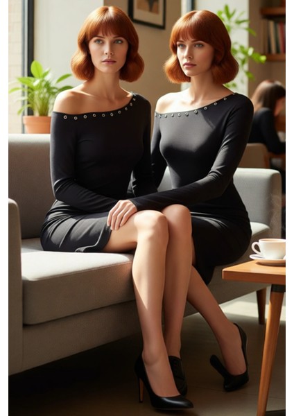 Kadın Siyah A Line Asimetrik Yaka Düz Düşük Kol Uzun Kollu Mini Örme Elbise Aksesuar Detaylı Şık fiyatları