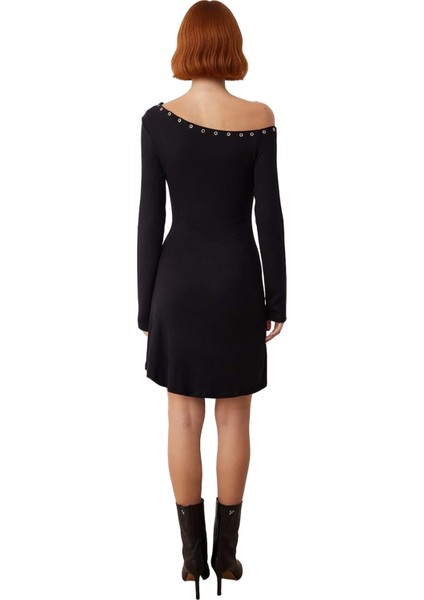 Kadın Siyah A Line Asimetrik Yaka Düz Düşük Kol Uzun Kollu Mini Örme Elbise Aksesuar Detaylı Şık fırsatları