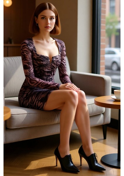 Kadın Bodycon Mini Elbise Uzun Kollu Kalp Yaka Animal Desenli Tül Örme Astarlı Kokteyl Şıklığı fiyatları