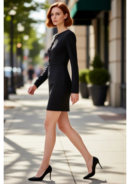 Kadın Bodycon Kokteyl Elbise Aksesuar Detaylı Uzun Kollu Mini Dokuma Stiliyle Şık ve Modern Görünüm