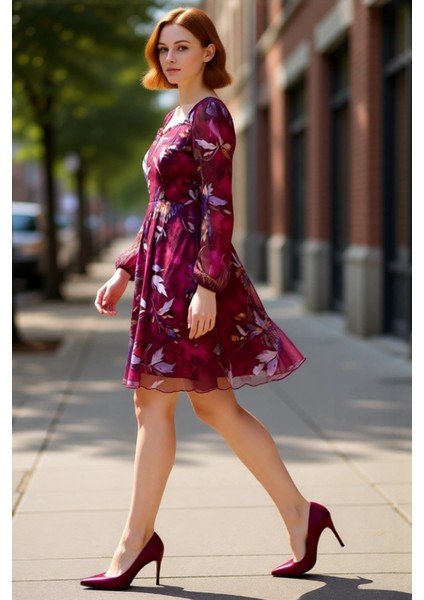 Kadın Büyük Beden A Line Şifon Geometrik Desenli Mini Kalp Yaka Balon Kol Ilkbahar Sonbahar Elbise