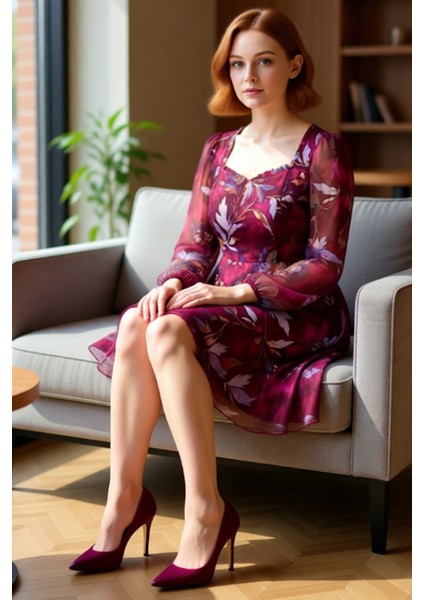 Kadın Büyük Beden A Line Şifon Geometrik Desenli Mini Kalp Yaka Balon Kol Ilkbahar Sonbahar Elbise fiyatları