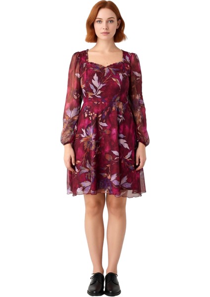 Kadın Büyük Beden A Line Şifon Geometrik Desenli Mini Kalp Yaka Balon Kol Ilkbahar Sonbahar Elbise modelleri