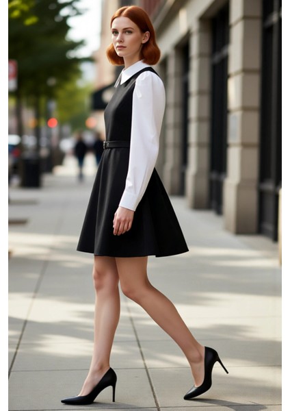 Kadın Skater Kemerli Gömlek Yaka Balon Kol Detaylı Mini Dokuma Elbise Şık ve Zarif Görünüm Sunar