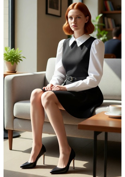 Kadın Skater Kemerli Gömlek Yaka Balon Kol Detaylı Mini Dokuma Elbise Şık ve Zarif Görünüm Sunar fiyatları