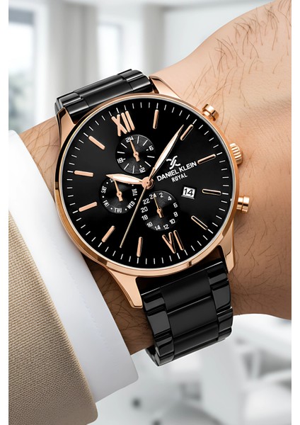 Erkek Kol Saati Takvimli Çelik Kordon Çelik Kasa Siyah-Rose Bileklik Hediyesi İle zmdk1134