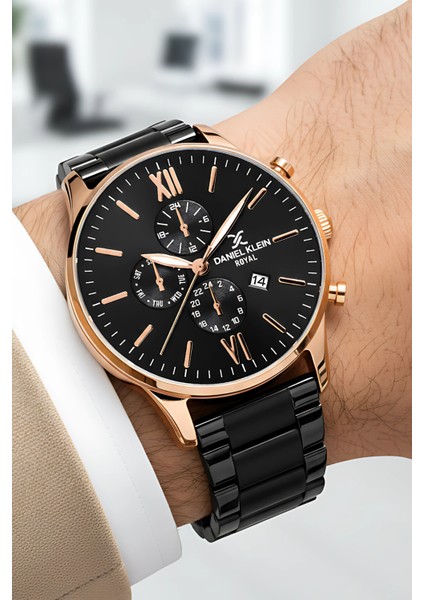Erkek Kol Saati Takvimli Çelik Kordon Çelik Kasa Siyah-Rose Bileklik Hediyesi İle zmdk1134