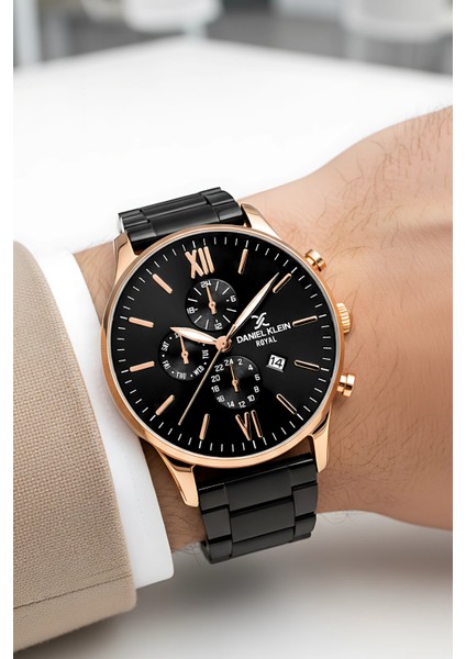 Erkek Kol Saati Takvimli Çelik Kordon Çelik Kasa Siyah-Rose Bileklik Hediyesi İle zmdk1134
