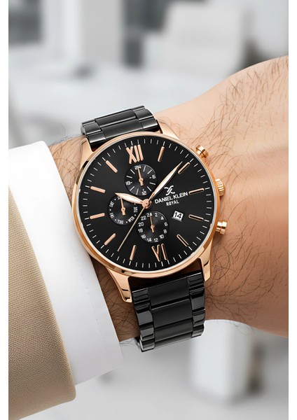 Erkek Kol Saati Takvimli Çelik Kordon Çelik Kasa Siyah-Rose Bileklik Hediyesi İle zmdk1134