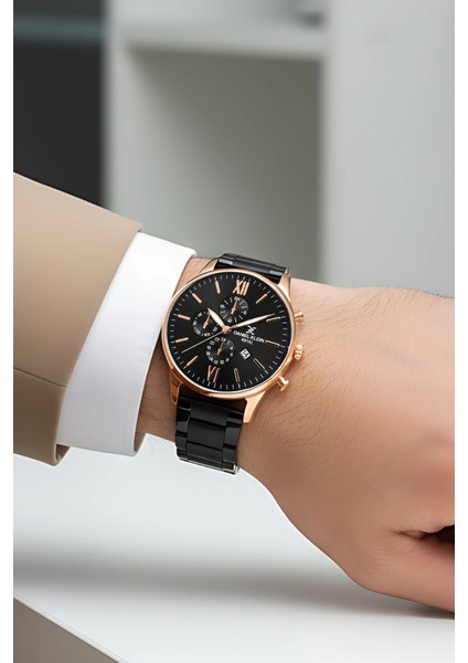 Erkek Kol Saati Takvimli Çelik Kordon Çelik Kasa Siyah-Rose Bileklik Hediyesi İle zmdk1134