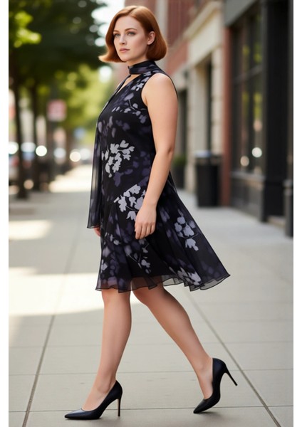 Kadın Çiçekli Desen Şifon Dokuma A Kesim Boyundan Bağlamalı Mini Elbise Ilkbahar Yaz Için Ideal