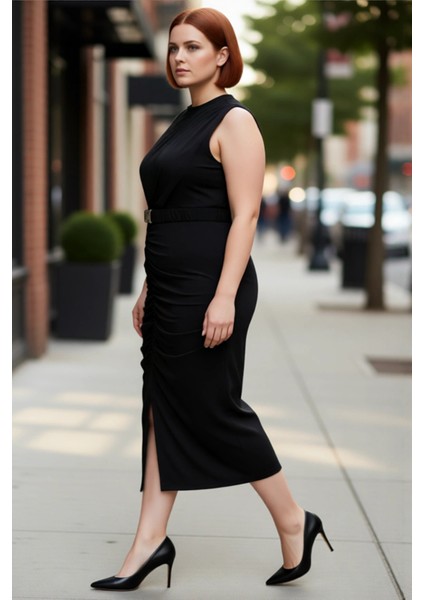 Kadın Bodycon Kesim Kolsuz Midi Elbise Düz Desen Örme Kumaş Detaylı Ilkbahar Sonbahar Şıklığı