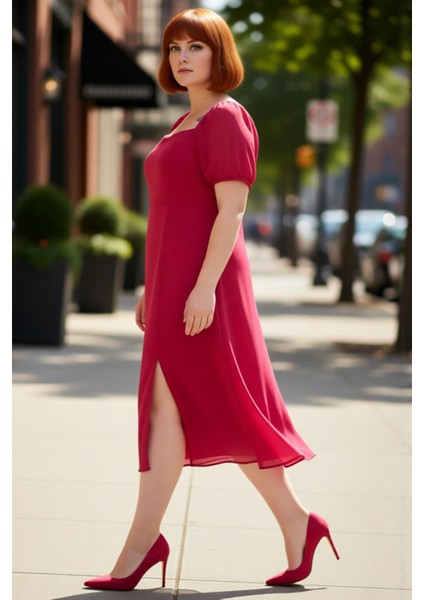 Kadınlar Için A Line Kare Yaka Midi Boy Balon Kol Astarlı Şık Dokuma Yırtmaçlı Büyük Beden Elbise