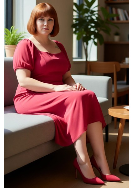 Kadınlar Için A Line Kare Yaka Midi Boy Balon Kol Astarlı Şık Dokuma Yırtmaçlı Büyük Beden Elbise fiyatları