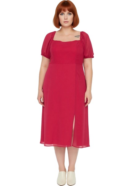 Kadınlar Için A Line Kare Yaka Midi Boy Balon Kol Astarlı Şık Dokuma Yırtmaçlı Büyük Beden Elbise modelleri