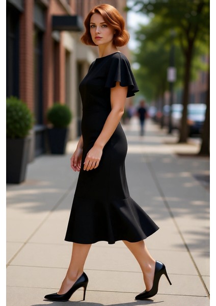 Kadın Büyük Beden Bodycon Midi Elbise Melek Kol Dokuma Kumaş Bisiklet Yaka Şık Günlük Stile Uygun