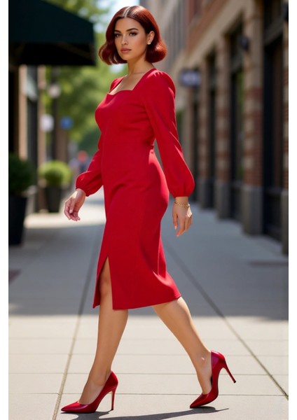 Kadın Shift Kalıp Kare Yaka Balon Kol Uzun Kollu Midi Boy Düz Dokuma Yırtmaç Detaylı Elbise