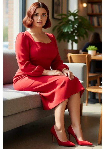 Kadın Shift Kalıp Kare Yaka Balon Kol Uzun Kollu Midi Boy Düz Dokuma Yırtmaç Detaylı Elbise fiyatları