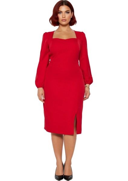 Kadın Shift Kalıp Kare Yaka Balon Kol Uzun Kollu Midi Boy Düz Dokuma Yırtmaç Detaylı Elbise modelleri